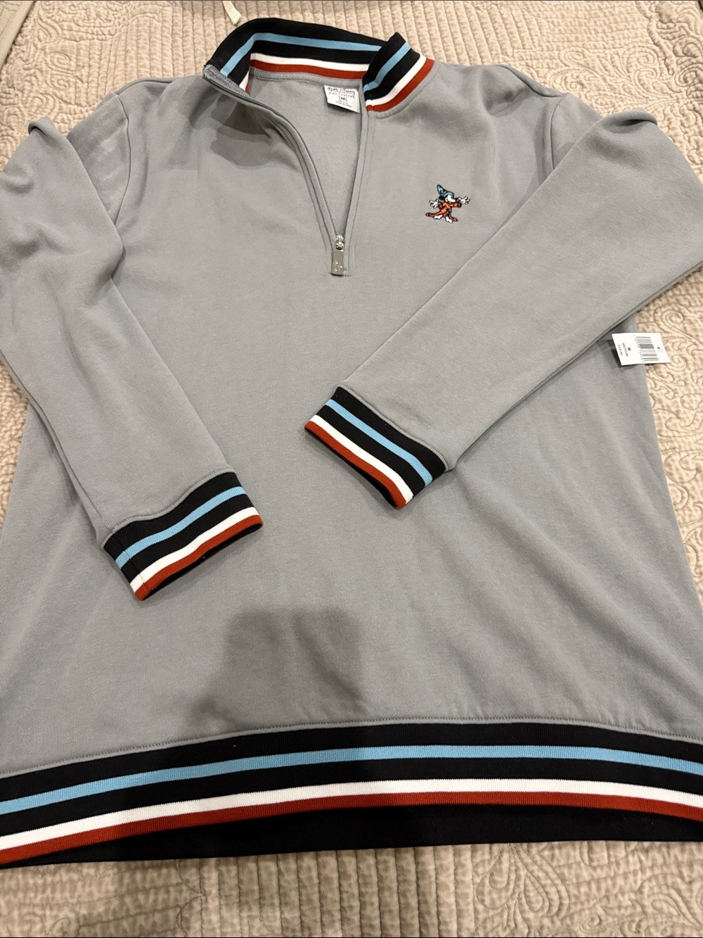 Disney Men's Light Gray Quarter-Zip Sweater with Black, Blue & Orange Trim